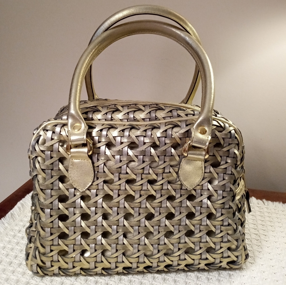 Vintage Warren Reed Gold And Silver Metallic Woven Leather Satchel EUC